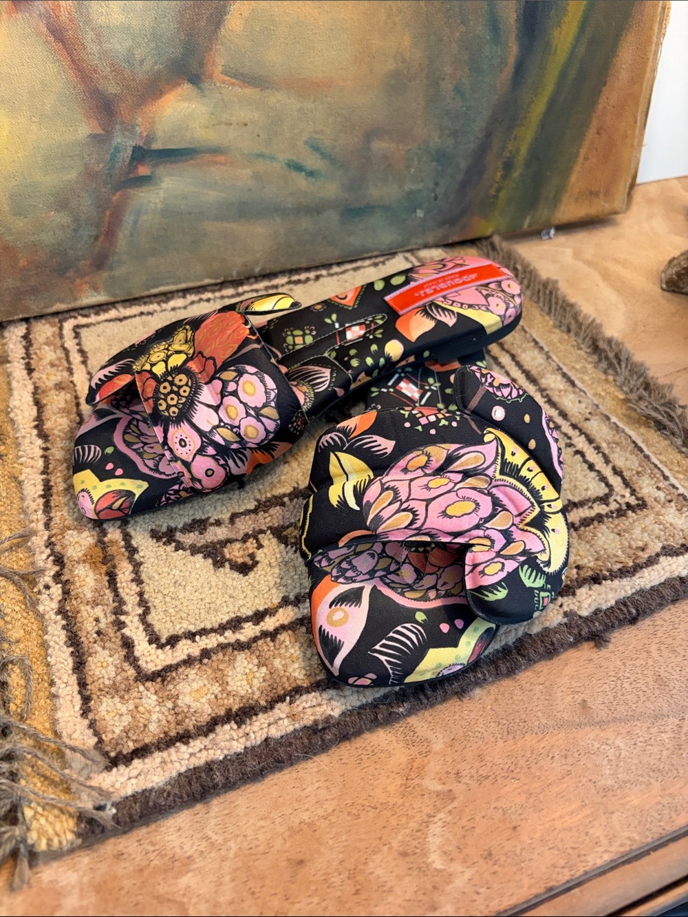 LA DoubleJ Black Multi Floral Knot Slide Sandals